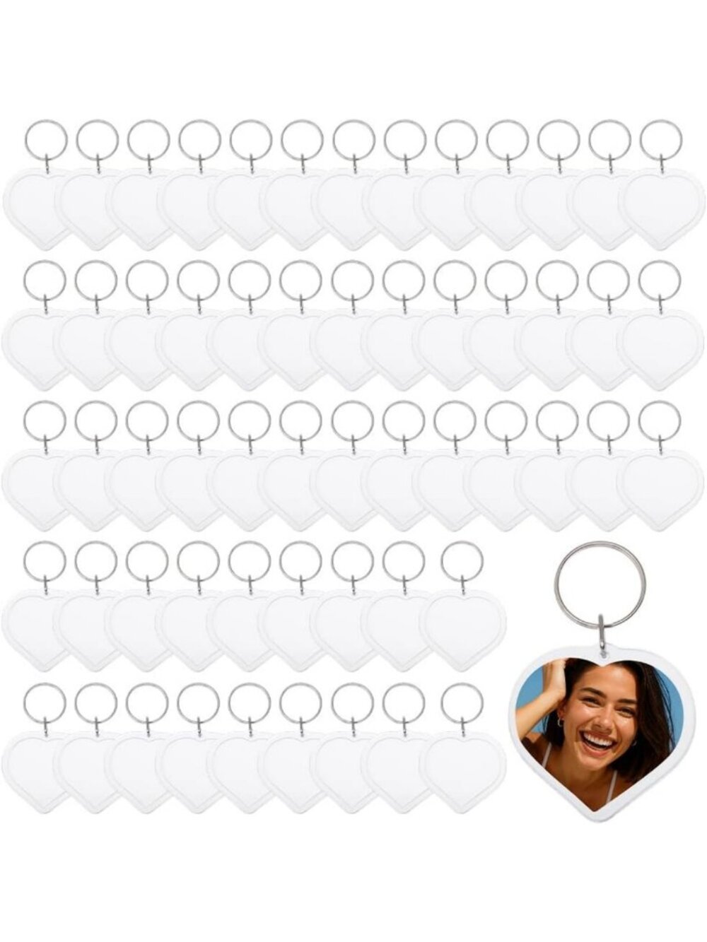 200pcs Heart Photo Frame Keychain Charms - Clear Insert Keyring for Memories